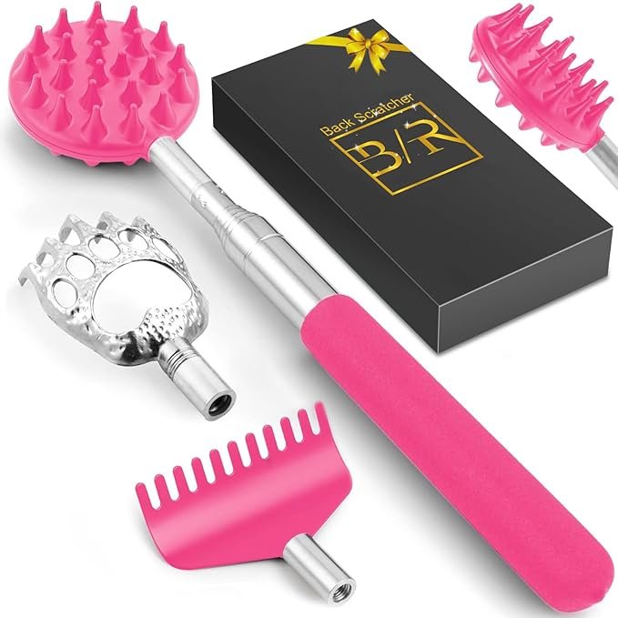 Tukuos Telescoping Back Scratcher – 3 Detachable Heads, Stainless Steel, Portable (Pink)