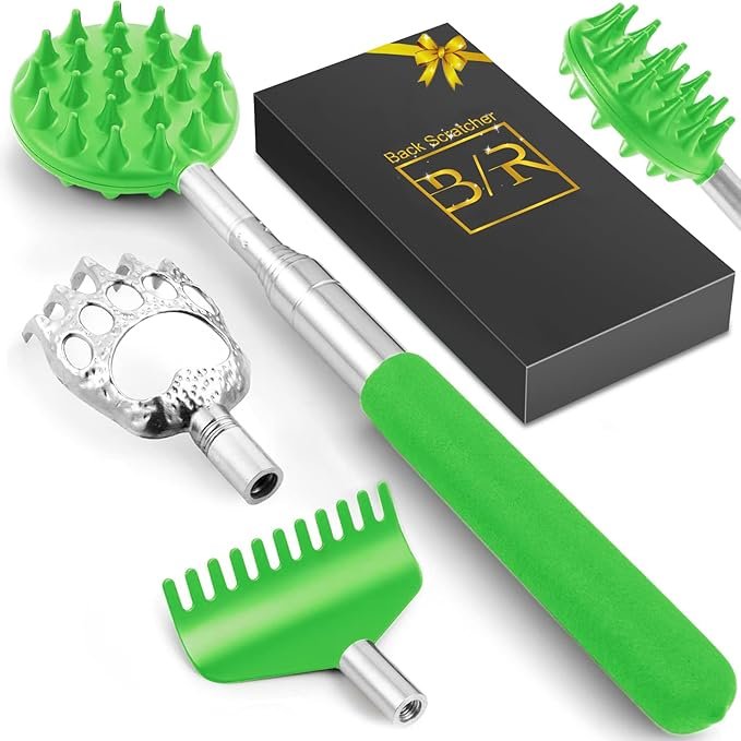 Tukuos Telescoping Back Scratcher – 3 Detachable Heads, Stainless Steel, Portable (Green)