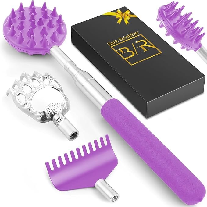 Tukuos Telescoping Back Scratcher – 3 Detachable Heads, Stainless Steel, Portable (Purple)