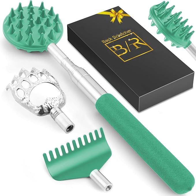 Tukuos Telescoping Back Scratcher – 3 Detachable Heads, Stainless Steel, Portable (Cyan)
